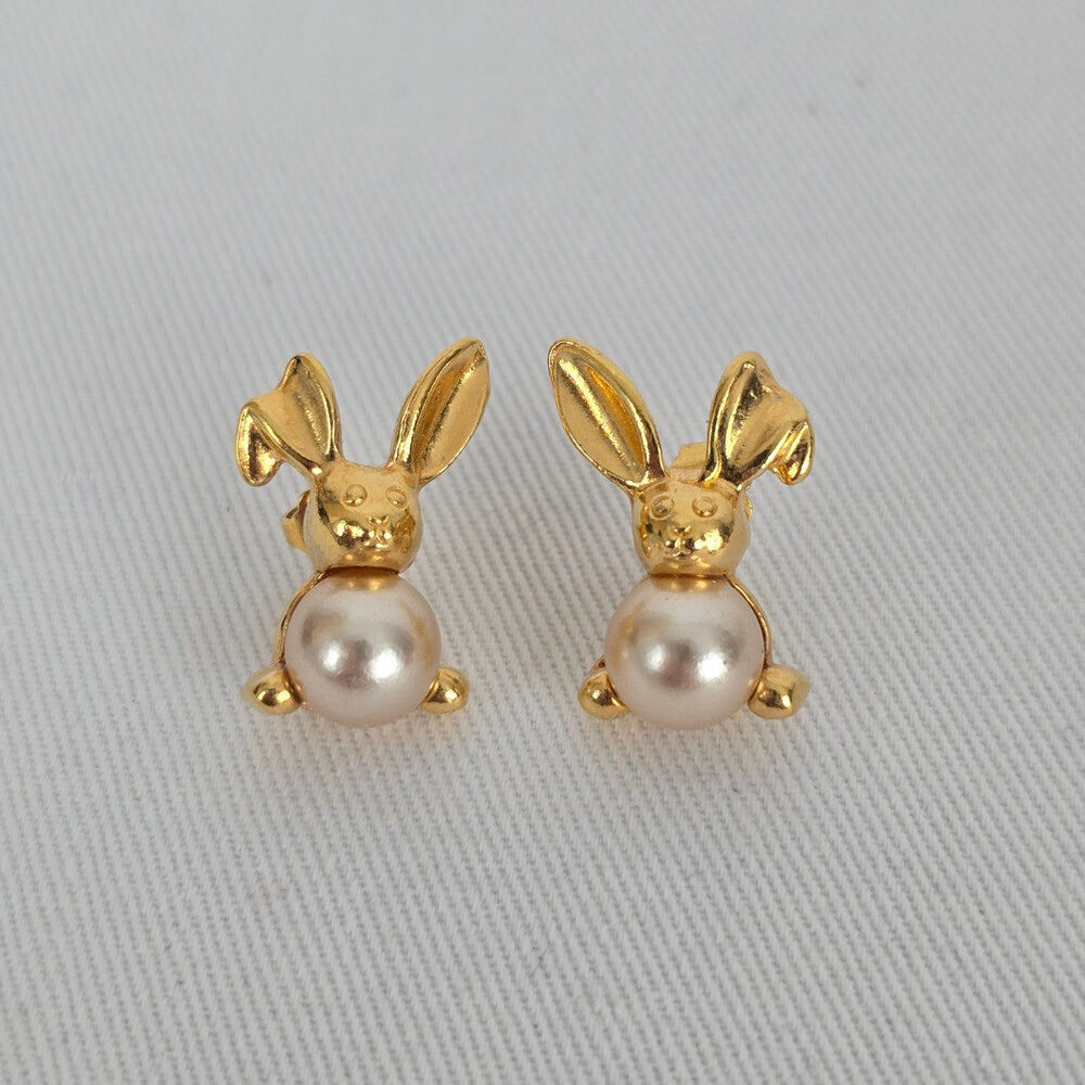Vintage Avon Bunny Faux Pearl Earrings Gold Tone Rabbit Earrings